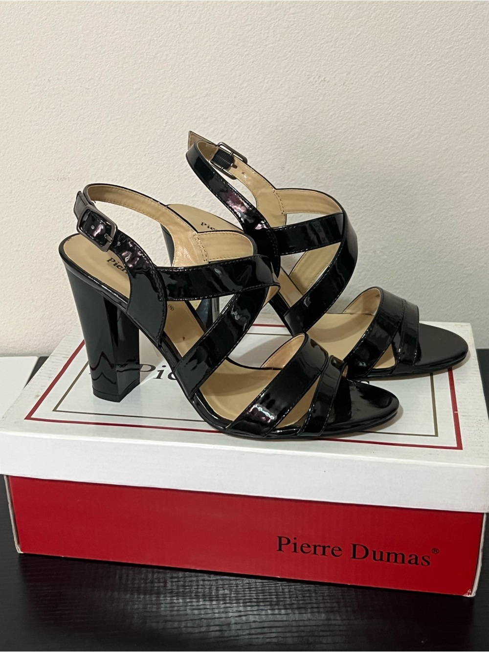 Shiny Black Strappy Block Heels